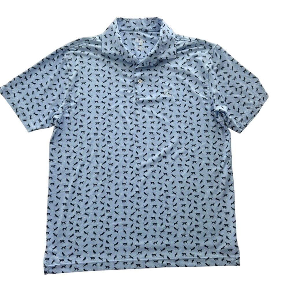 Rhoback Men's Short Sleeve Tech Polo Medium Black Lab Dog Tennis Ball Blue